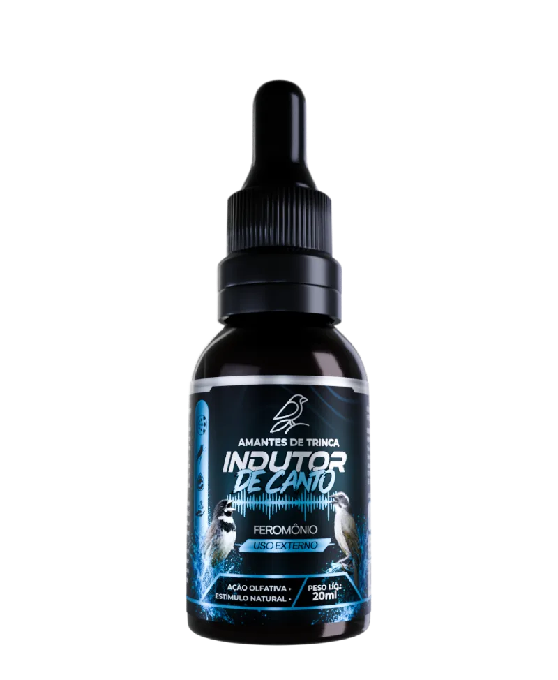 Frasco conta-gotas âmbar do Indutor de Canto, rótulo azul e preto com dois passeriformes, uso externo, 20ml