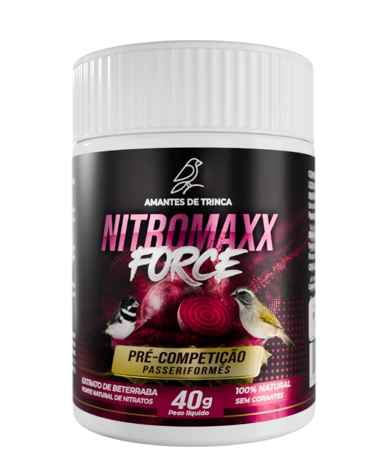 Pote branco do Nitromaxx Force, rótulo preto e rosa com beterraba e dois passeriformes, pré-competição, 40g