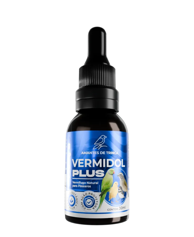Frasco do Vermidol Plus, blend de extratos aquosos para aves ornamentais, 30ml